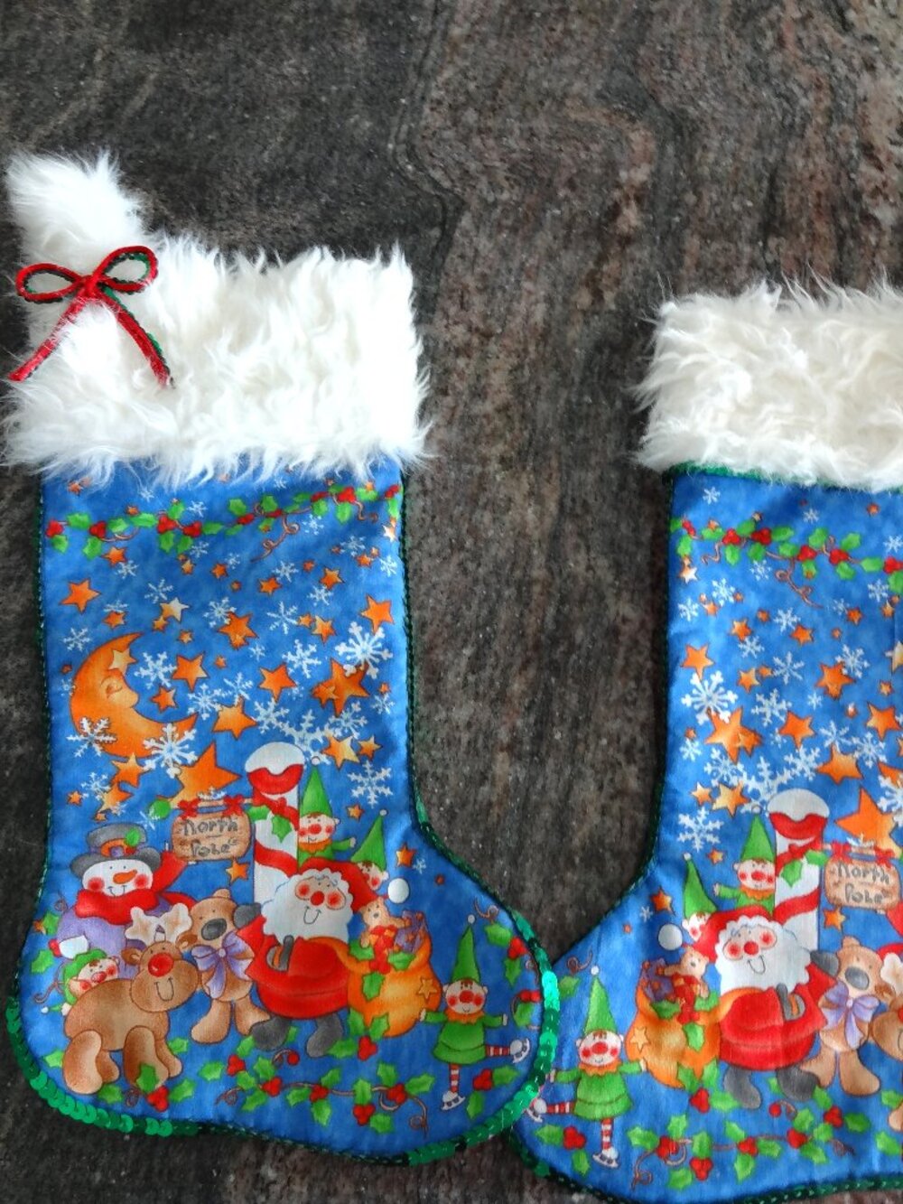 Two Handmade Santa and Elves Christmas Stockings with White Faux Fur Cuff